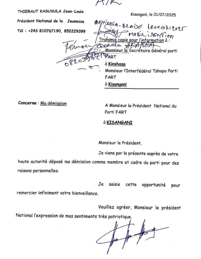 screenshot_20250701-2030005014003397465060902-794x1024 Kisangani : Le Président national de la jeunesse du parti FART, Thiebaut Kasusula, démissionne